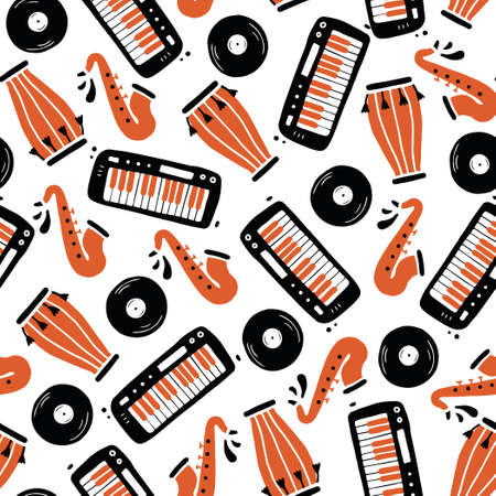 Hand drawn seamless pattern of musical instrument. Flat sketch style. Isolated vector illustration for for musical instrument store, music festival background, textile, wallpaper, fabric..のイラスト素材