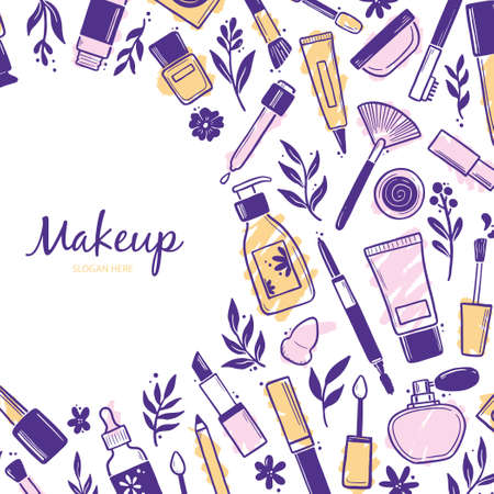 Hand drawn template with makeup beauty cosmetic elements, mascara, cream bottle, skin brush. Doodle sketch style. Illustration for makeup, beauty salon, cosmetic store banner, frame, poster design.のイラスト素材