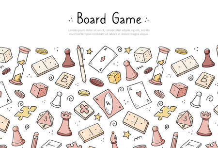 Hand drawn website banner template with of board game element. Doodle sketch style. Vector illustration for board game shop, store background, game competition banner, frameのイラスト素材