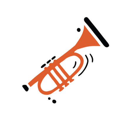 Simple vector illustration of classic wind instrument called trumpet hand drawn in minimalist flat style with black and orange colors as symbol of creative music playing and creationのイラスト素材