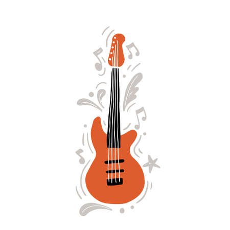 Vector illustration on orange and black modern electric guitar of black and orange color hand drawn with minimalist flat style playing rock music amidst gray ornaments and notesのイラスト素材