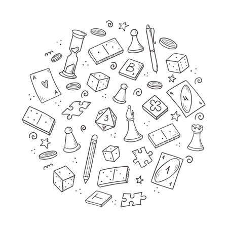 Hand drawn set of board game element, cards, chess, hourglass, chips, dice, dominoes. Doodle sketch style. Isolated vector illustration for board game shop, store, game competition.のイラスト素材