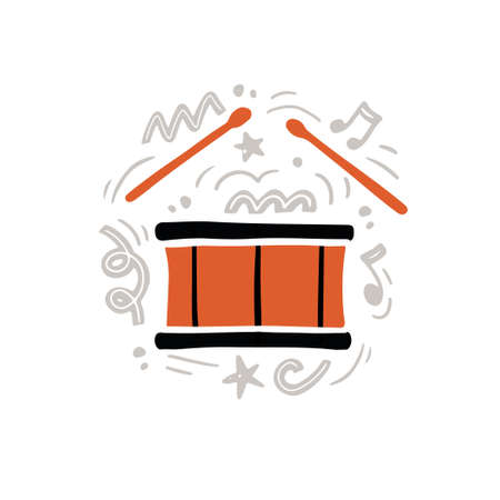 Creative vector illustration of orange drumsticks playing loud rhythmic music on traditional drum hand drawn in minimalist flat style amidst gray abstract ornaments and notesのイラスト素材
