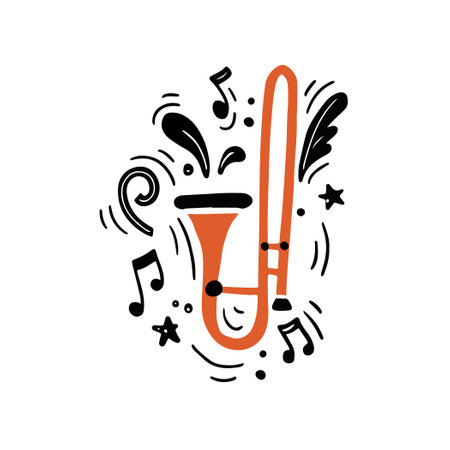 Minimalist hand drawn vector illustration of flat style traditional brass instrument of bright orange color called trombone playing loud music amidst black notes and creative musicのイラスト素材