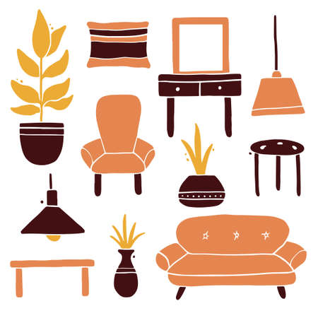 Set of living room furniture collection, sofa, chair, house plant, lamp, shelf, carpet. Simple trendy flat style. Illustration for interior design elements collection, apartment icon.のイラスト素材