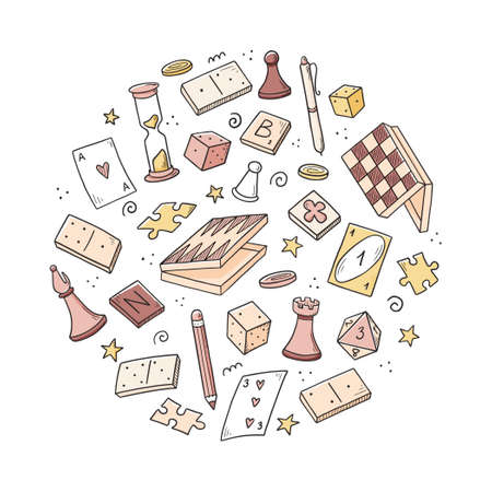Hand drawn set of board game element, cards, chess, hourglass, chips, dice, dominoes. Doodle sketch style. Isolated vector illustration for board game shop, store, game competition.のイラスト素材