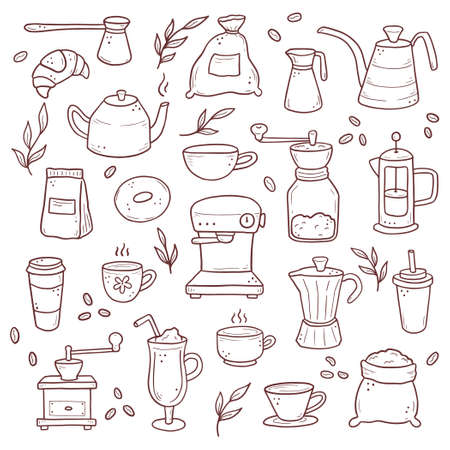 Hand drawn set of different types coffee cup, mug, pot, coffee machine. Doodle sketch style. Isolated vector illustration for coffee shop, cafe, restaurant menu, icon, background.のイラスト素材