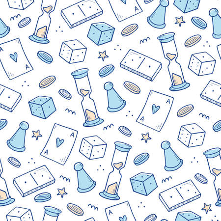 Hand drawn seamless pattern of board game element, cards, chess, hourglass, chips, dice, dominoes. Doodle sketch style. Isolated vector illustration for for board game shop, store.のイラスト素材