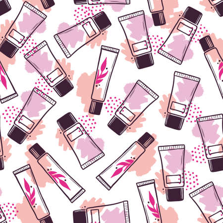 Hand drawn seamless pattern of makeup cosmetic cream bottle elements. Doodle sketch style. Container element drawn by digital pen. Vector illustration for beauty, makeup wallpaper, background, textile.のイラスト素材