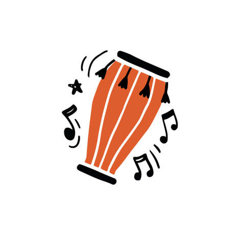 Minimalist vector illustration of traditional African percussion instrument called bongo drum hand drawn in flat style and surrounded with black notes playing rhythmic authentic musicのイラスト素材