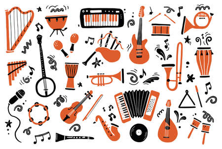 Hand drawn set of different types musical instrument, guitar, saxophone. Doodle sketch style. Isolated vector illustration for music shop icon, musical instrument store, music course, backgroundのイラスト素材