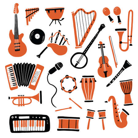Hand drawn set of different types musical instrument, guitar, saxophone. Doodle sketch style. Isolated vector illustration for music shop icon, musical instrument store, music course, backgroundのイラスト素材