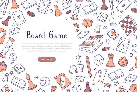 Hand drawn website banner template with of board game element. Doodle sketch style. Vector illustration for board game shop, store background, game competition banner, frameのイラスト素材