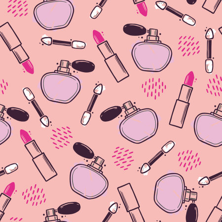 Hand drawn seamless pattern of makeup beauty cosmetic elements, perfume bottle, eye brush, lipstick. Doodle sketch style. Makeup element illustration for wallpaper, background, textile.のイラスト素材