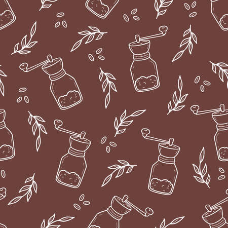 Seamless vector pattern of outline retro coffee grinders and cups amidst leaves and beans hand drawn in doodle styleのイラスト素材