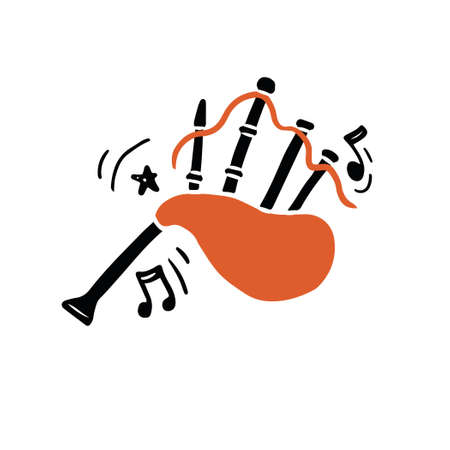 Vector illustration of authentic Scottish bagpipes hand drawn in minimalist flat style with black and orange colors playing traditional loud music amidst abstract notes and ornamentsのイラスト素材