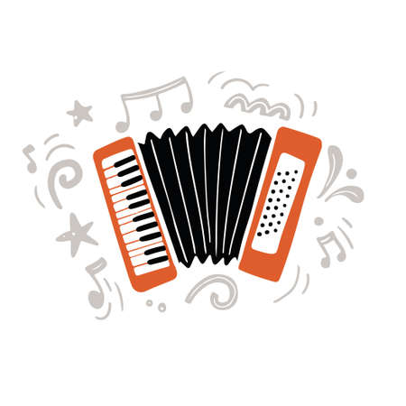 Vector illustration of hand drawn minimalist hand drawn flat style accordion of bright black and orange color playing traditional creative music amidst gray ornaments and simple notesのイラスト素材