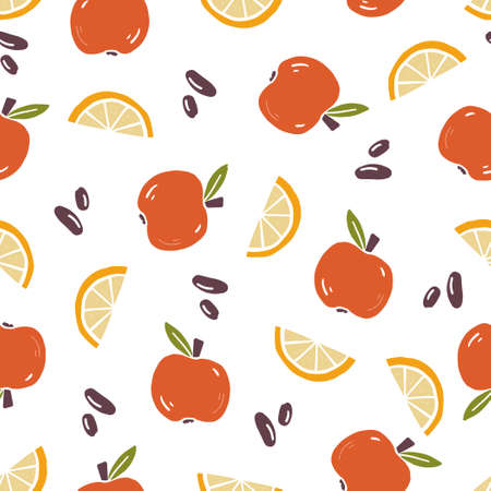 Hand drawn seamless pattern of simple apple, orange. Doodle sketch style. Fruit pattern for food shop, fruit wallpaper, background, textile designのイラスト素材