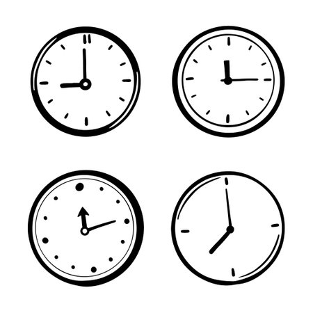 Hand drawn set of cartoon clock, alarm, timer. Doodle sketch style. Concept of time, minute, deadline.のイラスト素材