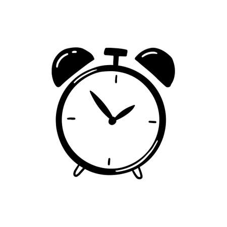 Hand drawn simple retro Alarm Clock icon of black color. Doodle sketch style. Concept of time, minute, deadline. Clock with arrow on white backgroundのイラスト素材