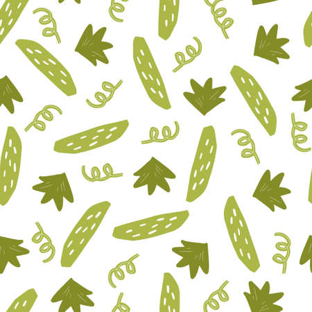 Hand drawn seamless pattern of simple green cucumber. Doodle sketch style. Cucumber pattern for food shop, vegetable wallpaper, background, textile design.のイラスト素材