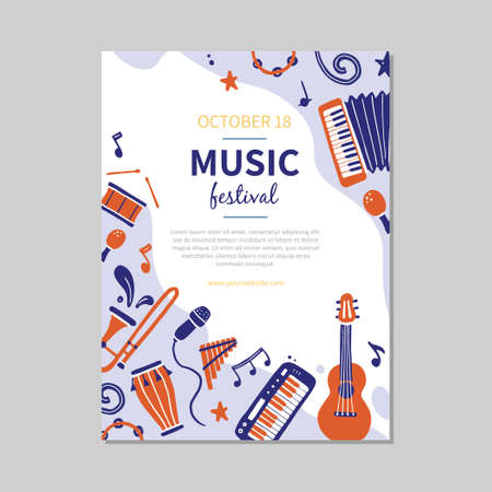 Hand drawn music festival banners template with musical instrument. Doodle sketch style. Vector illustration forsic festival flyer, brochure backgroundのイラスト素材