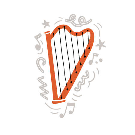 Vector illustration of orange traditional harp with black strings hand drawn in minimalist flat style amidst creative abstract gray ornaments and notes as symbol of classic musicのイラスト素材