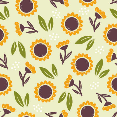 Hand drawn seamless pattern of simple sunflower. Doodle sketch style. Sunflower pattern for food shop, floral wallpaper, background, textile designのイラスト素材