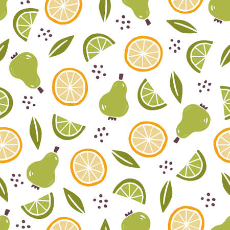 Hand drawn seamless pattern of simple pear, orange, lime. Doodle sketch style. Fruit pattern for food shop, wallpaper, background, textile designのイラスト素材