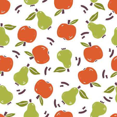 Hand drawn seamless pattern of simple pear, apple. Doodle sketch style. Fruit pattern for food shop, wallpaper, background, textile designのイラスト素材