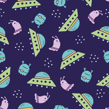 Cute childish seamless pattern of space elements, ufo, planet, alien, satellite. Hand drawn cartoon kids style. Vector illustration for fabric, textile, wallpaper, background.のイラスト素材