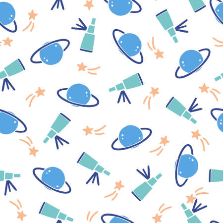 Cute childish seamless pattern of space elements, planet, star, satellite, telescope. Hand drawn cartoon kids style. Vector illustration for fabric, textile, wallpaper, background.のイラスト素材