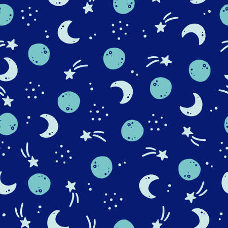 Cute childish seamless pattern of space elements, planet, star, satellite, telescope. Hand drawn cartoon kids style. Vector illustration for fabric, textile, wallpaper, background.のイラスト素材