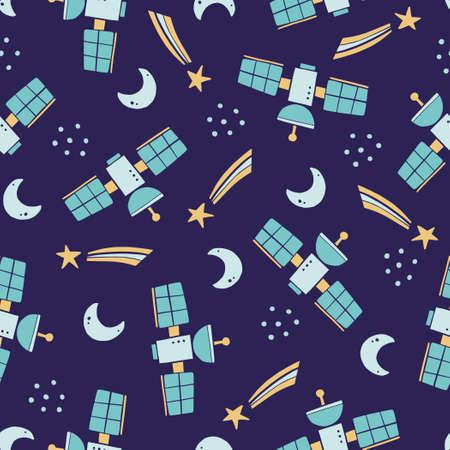 Cute childish seamless pattern of space elements, moon, star, satellite, space station. Hand drawn cartoon kids style. Vector illustration for fabric, textile, wallpaper, background.のイラスト素材