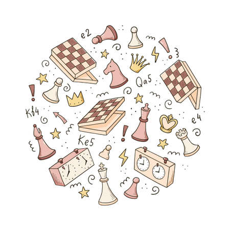 Hand drawn set of cartoon chess game elements. Doodle sketch style. Isolated vector illustration for a chess club, tournaments, competition, championship.のイラスト素材