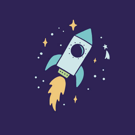 Flying to Space cartoon rocket. Hand drawn kids style vector illustration. Science, space explorer, technology, spaceship concept.のイラスト素材