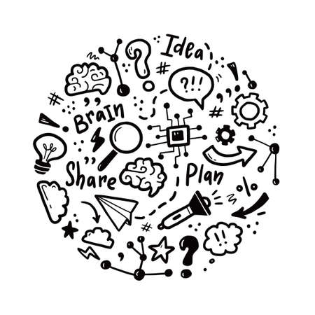 Hand drawn set of brainstorm, idea, brain elements. Doodle sketch style. Isolated vector illustration for a innovation, brainstorm, start up concept.のイラスト素材