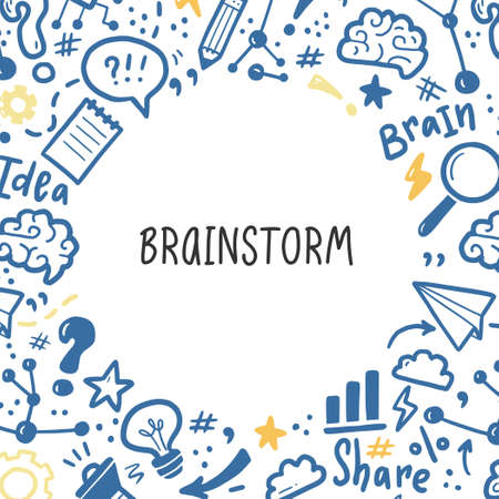 Hand drawn banners template with brainstorm, idea, brain elements. Doodle sketch style. Vector illustration for brainstorm, business banner, frame, brochure background.のイラスト素材