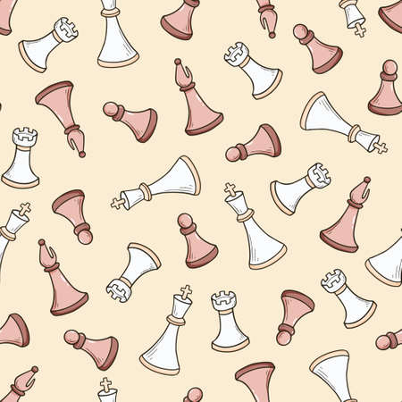 Hand drawn seamless pattern of cartoon chess game pieces. Doodle sketch style. Isolated vector illustration for a chess club, tournaments, course wallpaper, background, textile design.のイラスト素材