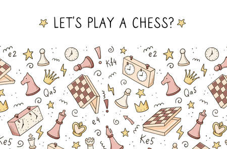 Hand drawn banners template with cartoon chess game elements. Doodle sketch style. Vector illustration for a chess club, tournaments banner, frame, brochure background.のイラスト素材