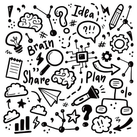 Hand drawn set of brainstorm, idea, brain elements. Doodle sketch style. Isolated vector illustration for a innovation, brainstorm, start up concept.のイラスト素材