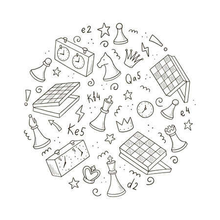Hand drawn set of cartoon chess game elements. Doodle sketch style. Isolated vector illustration for a chess club, tournaments, competition, championship.のイラスト素材