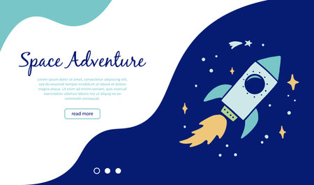 Cute cartoon Space banner template. Hand drawn kids style vector illustration. Space adventure, space explorer, technology, spaceship concept. Web banner, background, poster designのイラスト素材