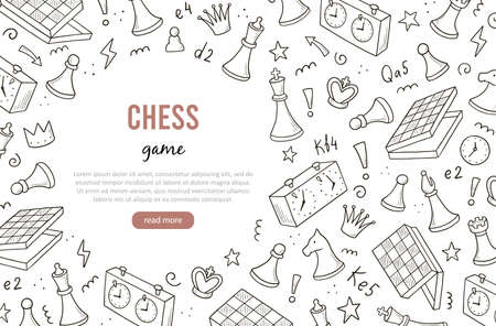 Hand drawn banners template with cartoon chess game elements. Doodle sketch style. Vector illustration for a chess club, tournaments banner, frame, brochure background.のイラスト素材