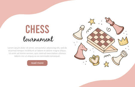 Hand drawn banners template with cartoon chess game elements. Doodle sketch style. Vector illustration for a chess club, tournaments banner, frame, brochure background.のイラスト素材