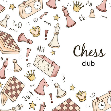 Hand drawn banners template with cartoon chess game elements. Doodle sketch style. Vector illustration for a chess club, tournaments banner, frame, brochure background.のイラスト素材