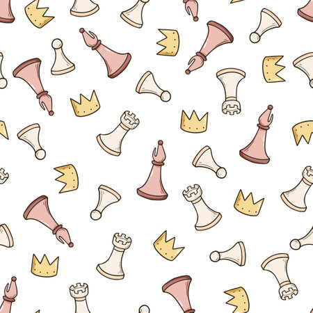 Hand drawn seamless pattern of cartoon chess game pieces. Doodle sketch style. Isolated vector illustration for a chess club, tournaments, course wallpaper, background, textile design.のイラスト素材