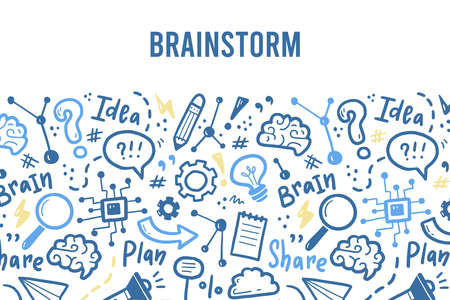 Hand drawn banners template with brainstorm, idea, brain elements. Doodle sketch style. Vector illustration for brainstorm, business banner, frame, brochure background.のイラスト素材