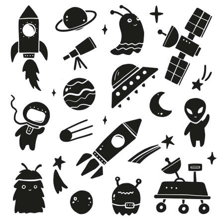 Cute cartoon Space set, rocket, astronaut, planet, ufo, alien. Hand drawn black silhouette style vector illustration. Space adventure, space explorer, technology, spaceship concept.のイラスト素材
