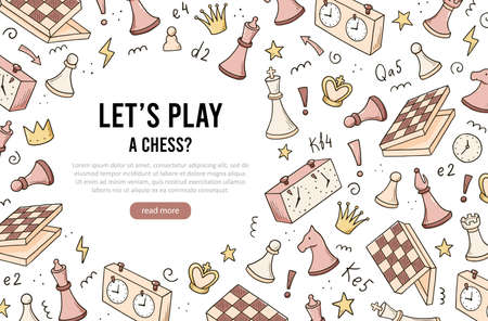 Hand drawn banners template with cartoon chess game elements. Doodle sketch style. Vector illustration for a chess club, tournaments banner, frame, brochure background.のイラスト素材